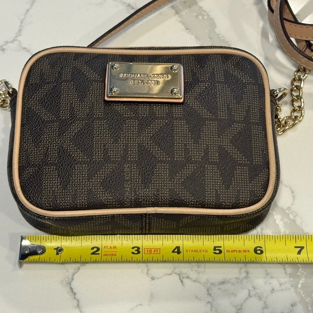 Michael Kors Dark Brown Monogram Camera Crossbody Bag with Gold Accents